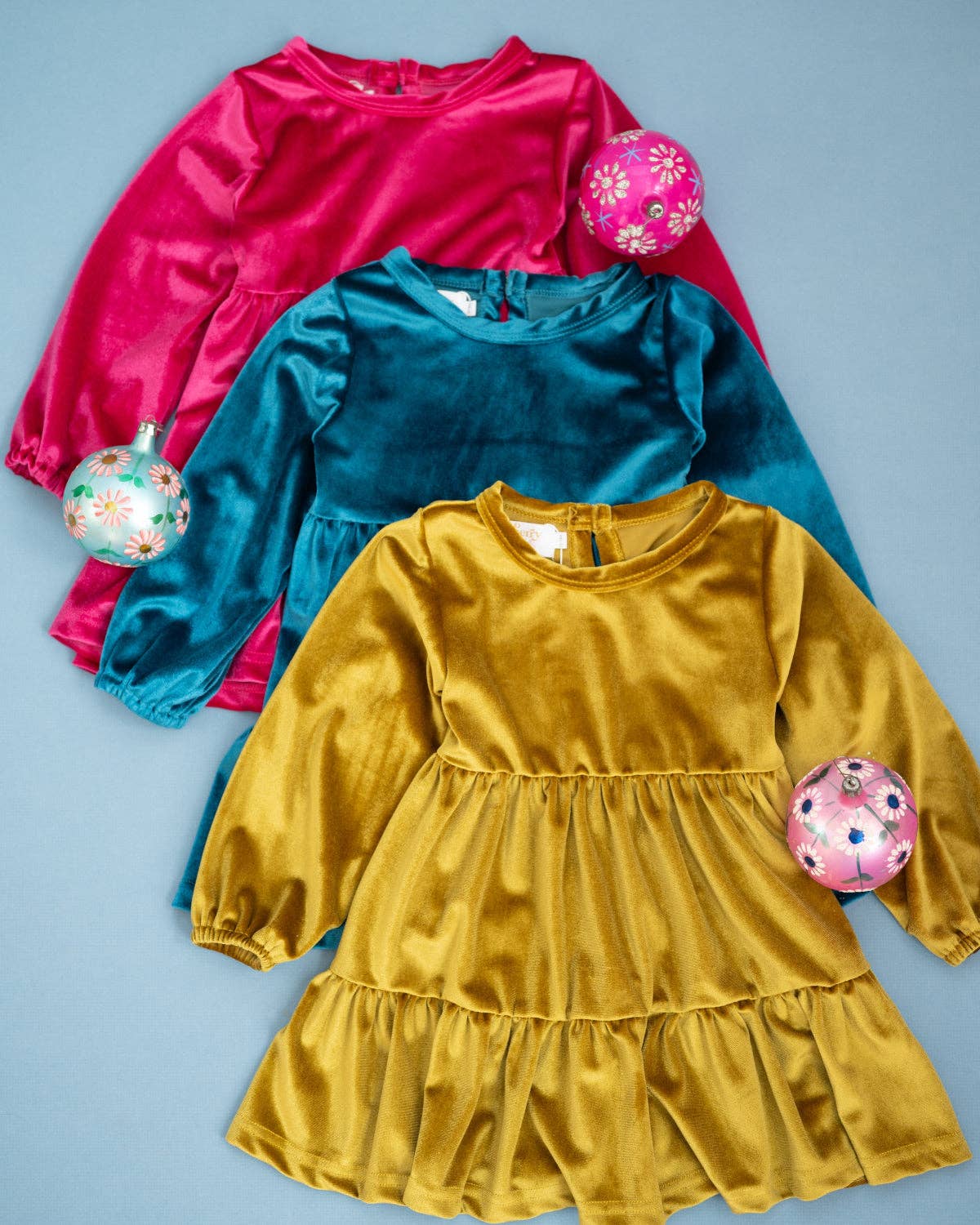 Groovy Velvet Gemstone Girls Winter Dress in Teal