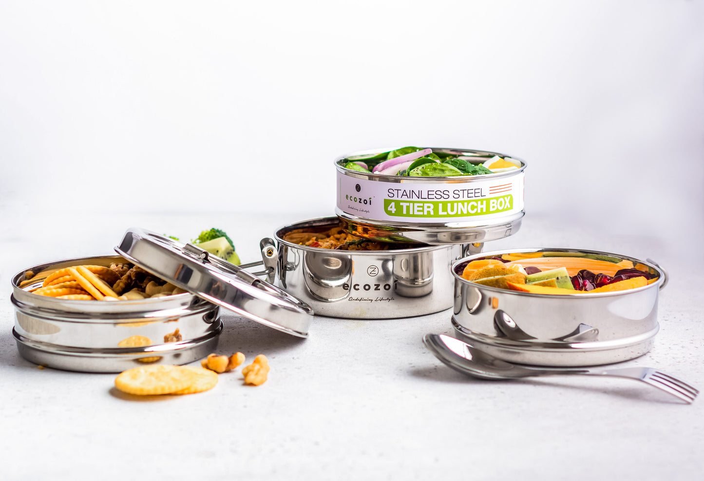 Ecozoi Stackable Lunch Box for Adult, 4 Tier Round with Spork, Stainless Steel, 55 Oz