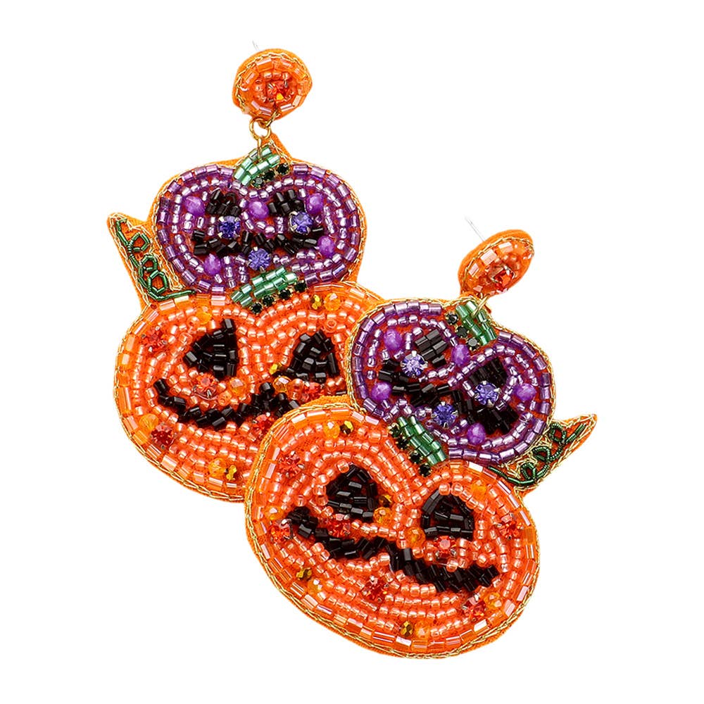 Felt Back Halloween Pumpkin Beaded Dangle Earrings