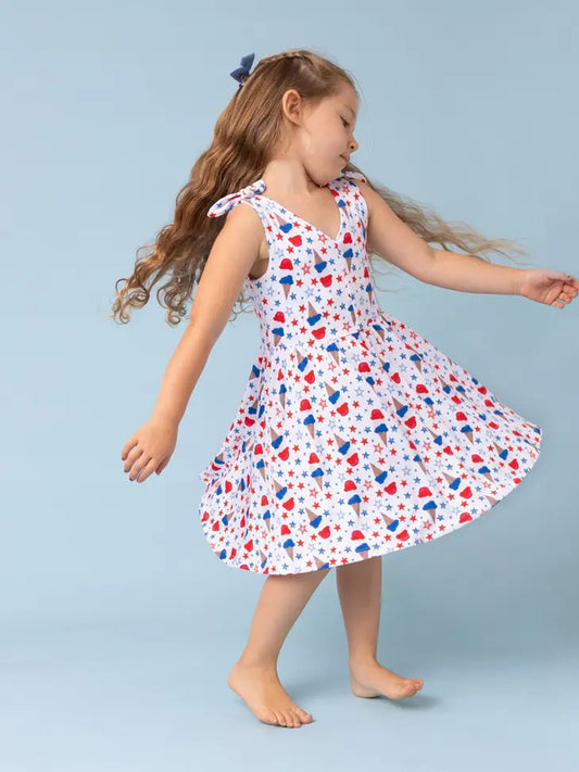 July Patriotic Ice Cream Bamboo Bow Shoulder Sleeveless Dress