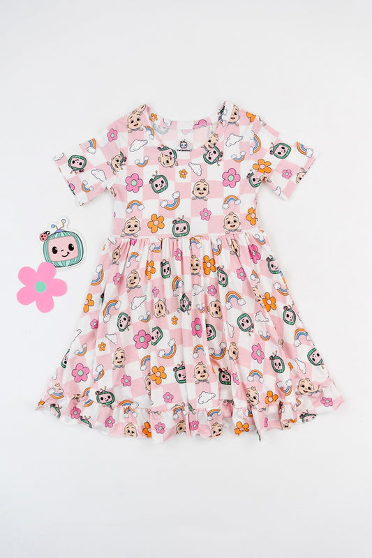 Dream Big Little Co x CoComelon JJ RAINBOW CHECKERS SHORT SLEEVE DREAM RUFFLE DRESS