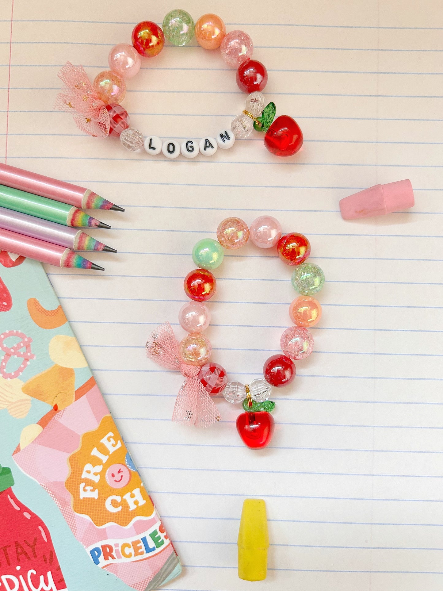 Back to School Acrylic Apple Charm Bracelet Personalized