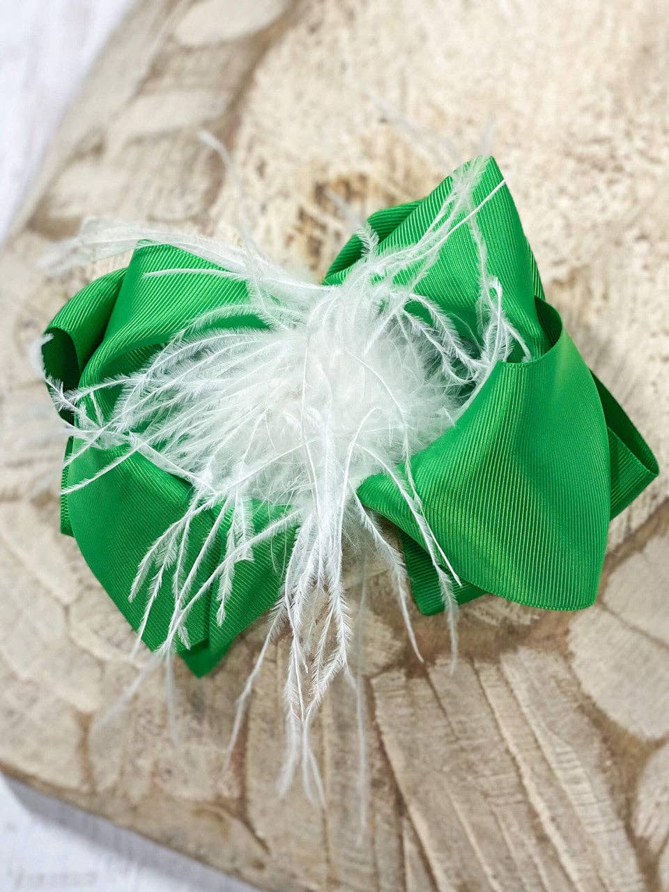Texas Size Green & White Feather Puff Hair Bow