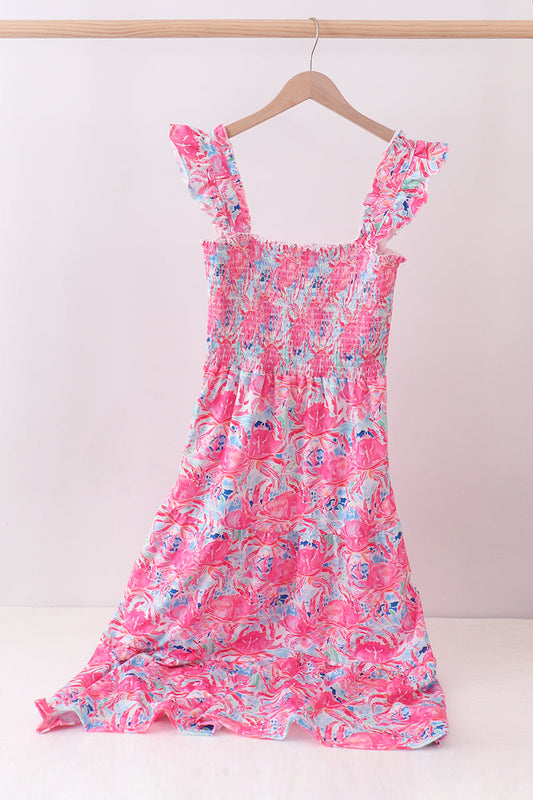 Pink floral smocked ruffle womens tiered dress