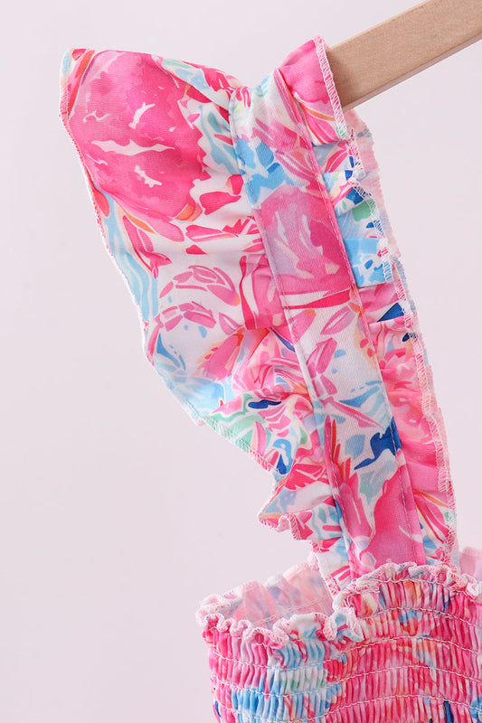 Pink floral smocked ruffle womens tiered dress