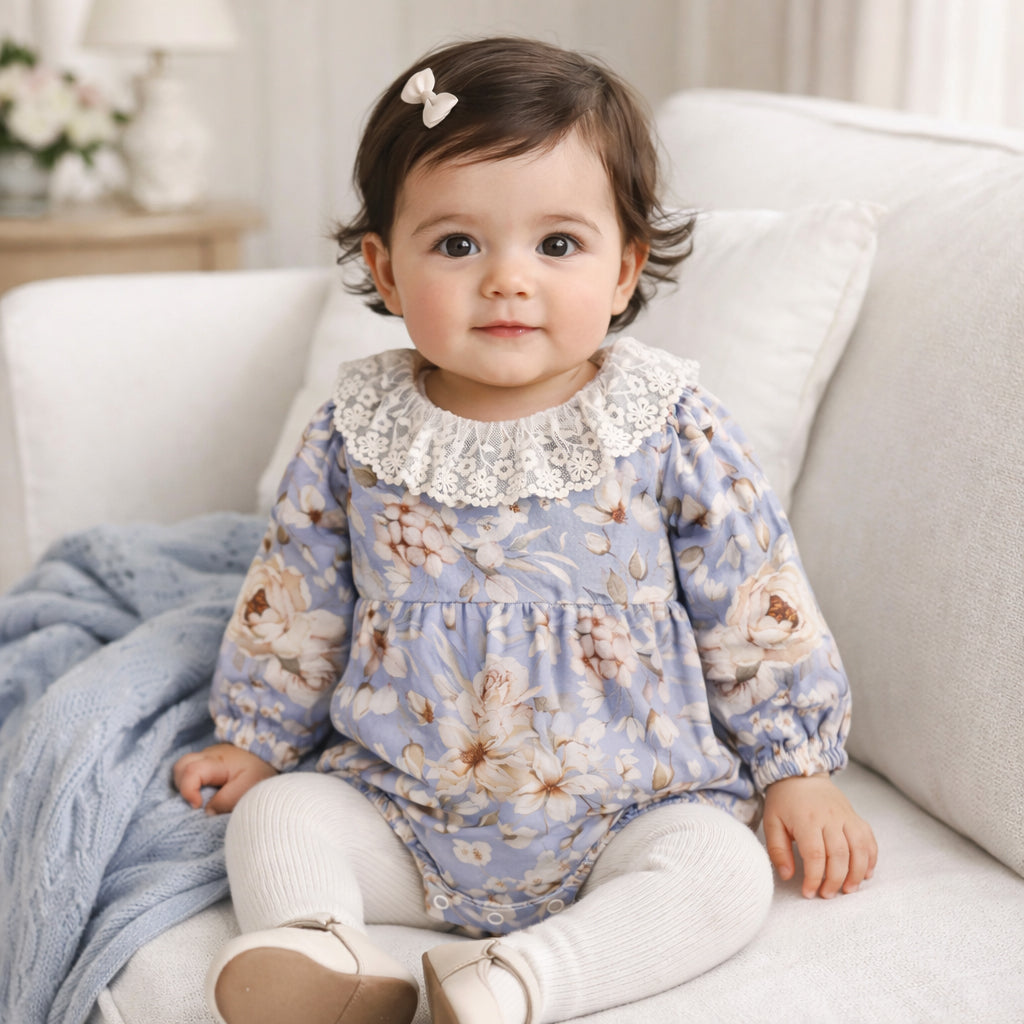 Vintage Floral Baby Bodysuit With Lace Collar