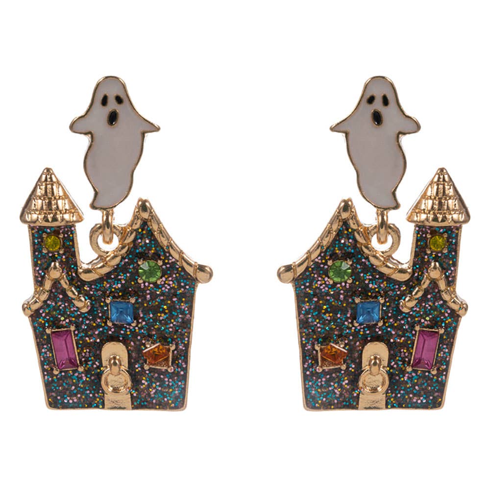 Glittered Haunted Ghost House Dangle Earrings