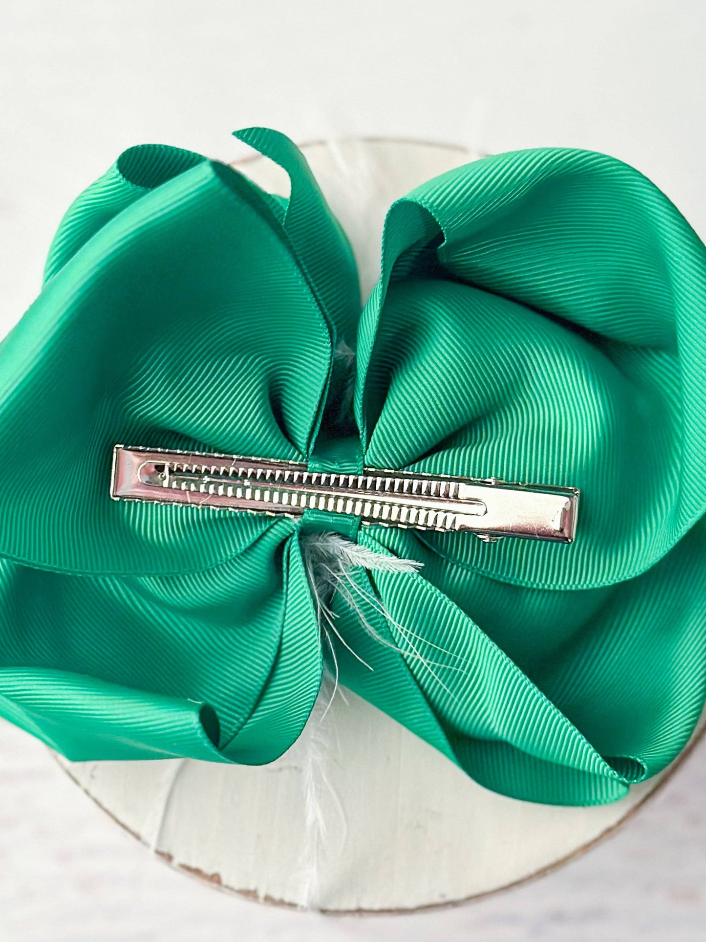 Texas Size Green & White Feather Puff Hair Bow