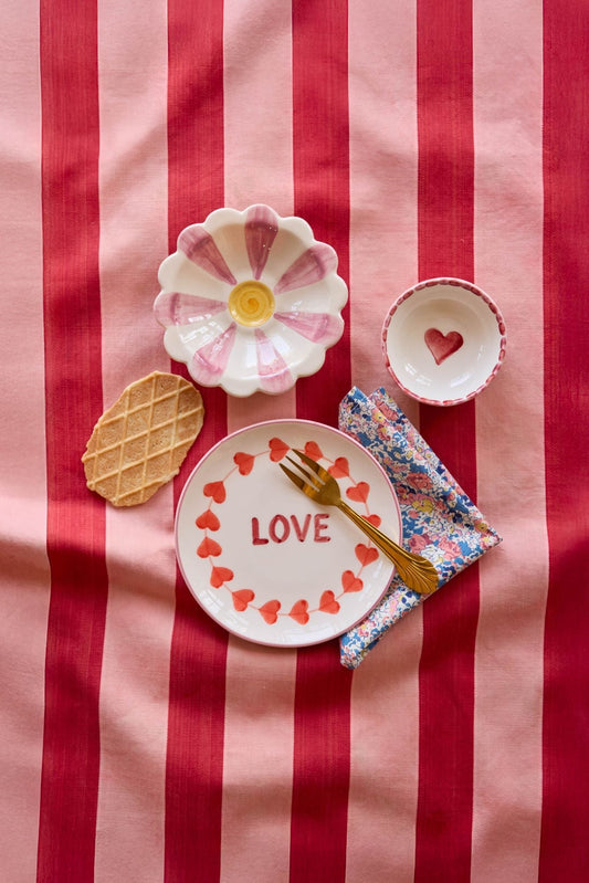 Ceramic Flower Dipping Bowl with Pink Hand Painted Stripes