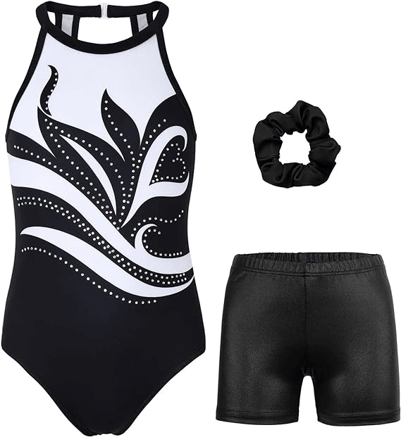 Black and White Sparkling Leaf Gymnastics Leotard Set