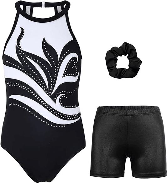 Black and White Sparkling Leaf Gymnastics Leotard Set