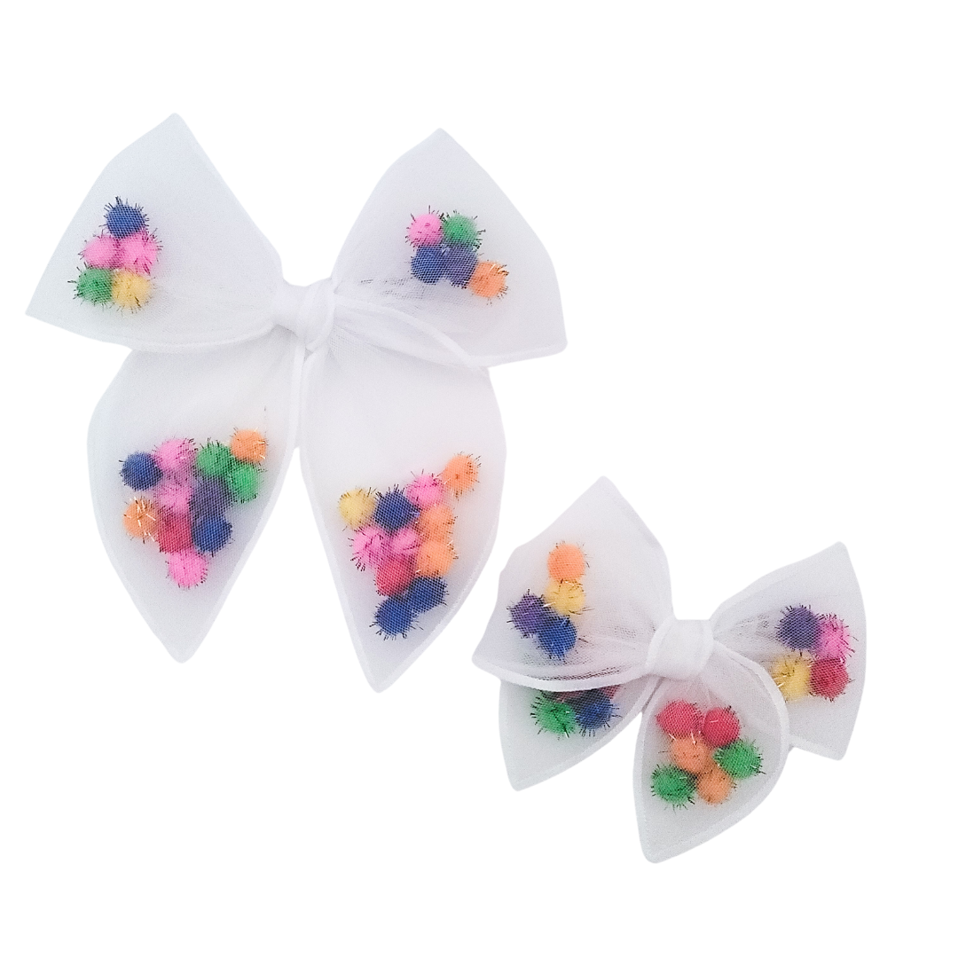 Ava Hair Bow | Hand-Tied Bow | Rainbow Pom Shaker