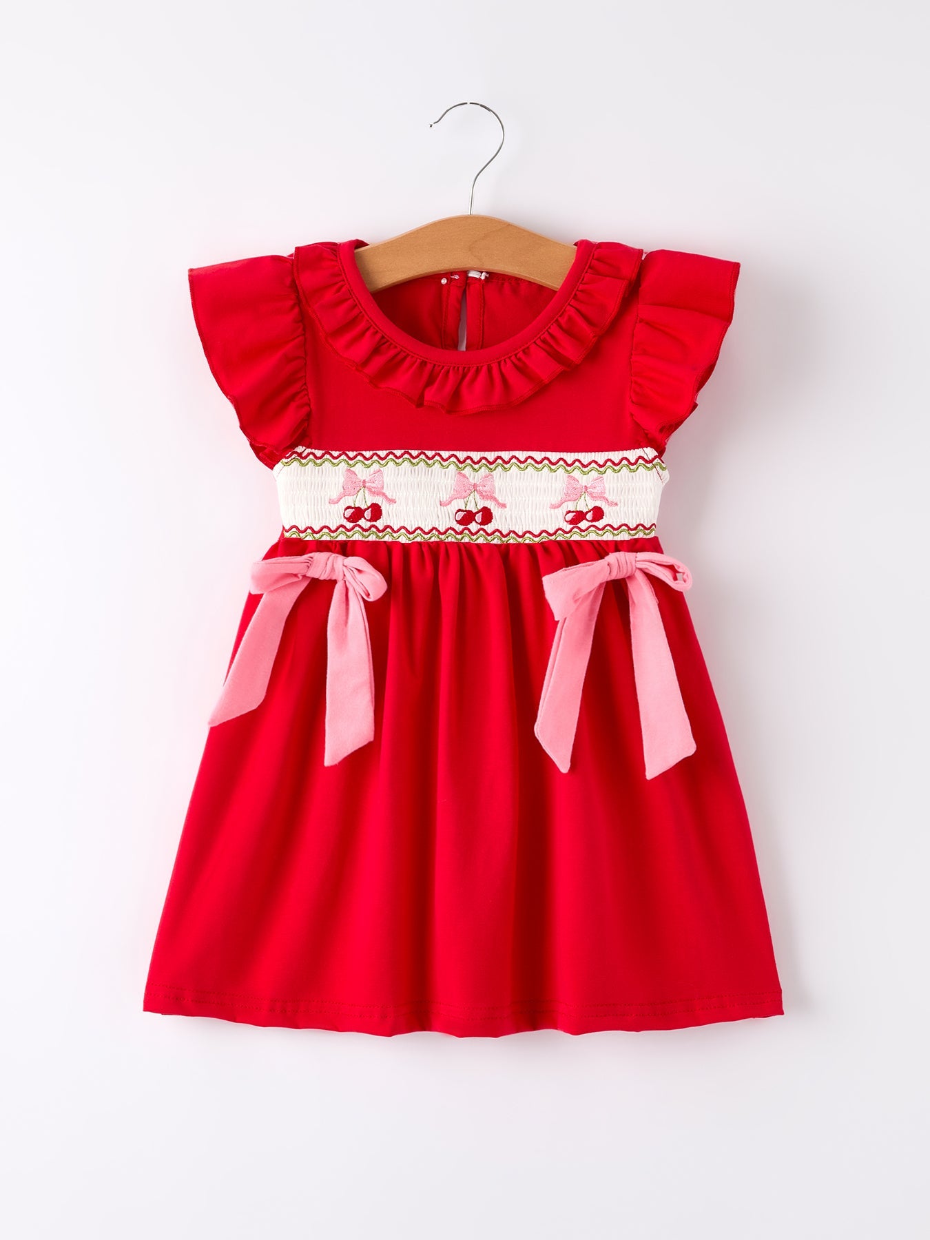 Red Cherry Bow Smocking Embroidery Girls' Dress