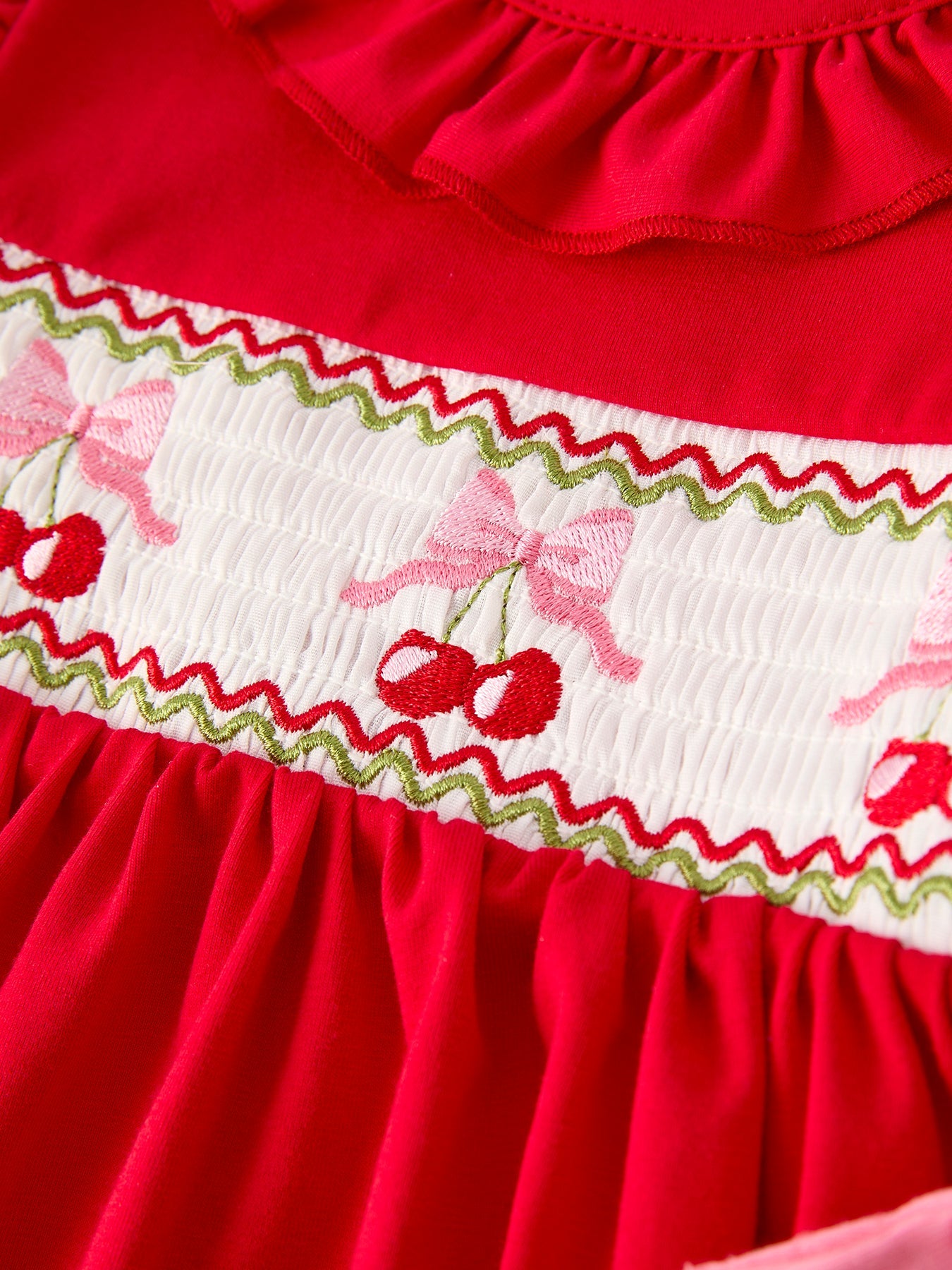 Red Cherry Bow Smocking Embroidery Girls' Dress