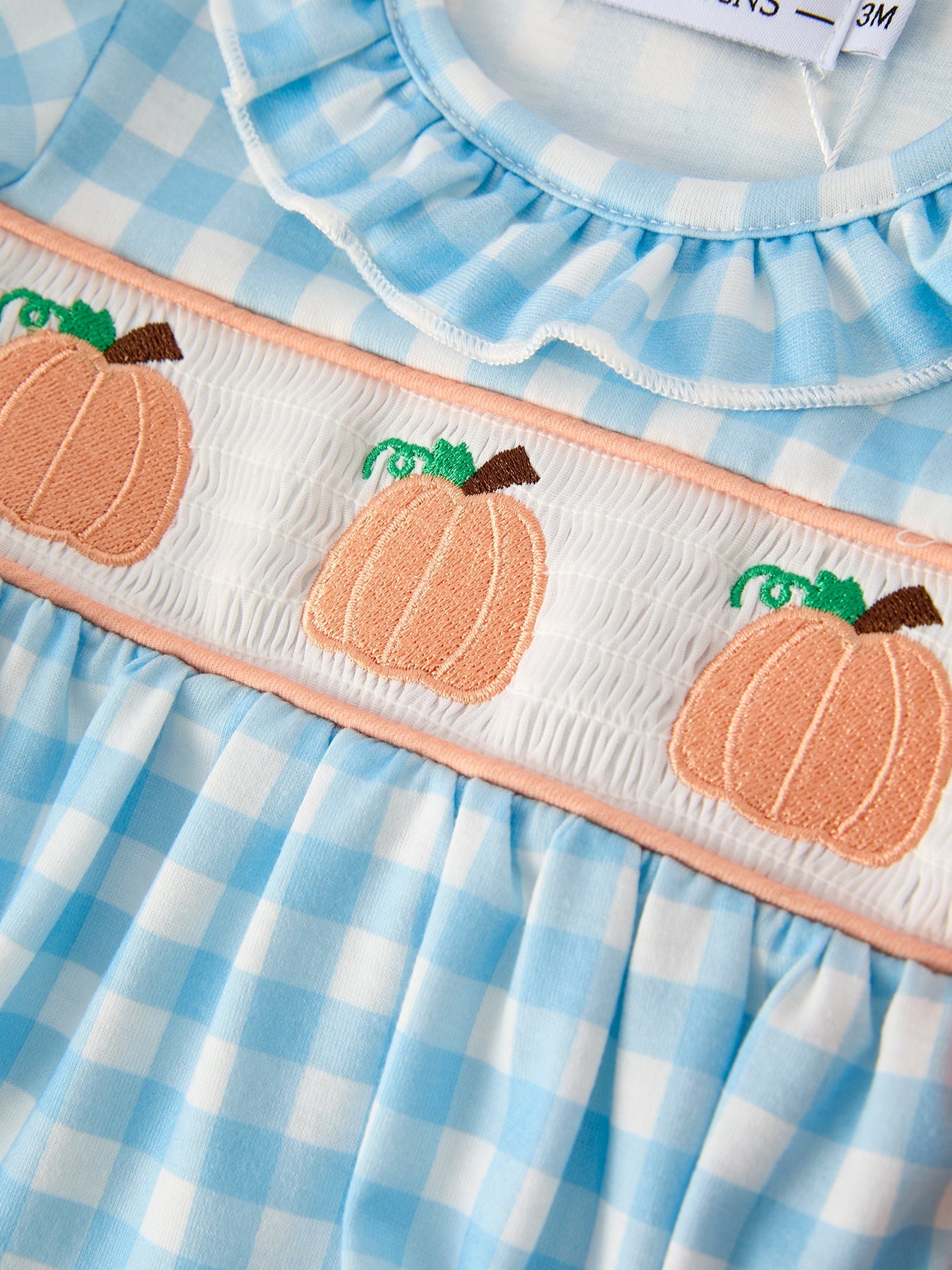 Halloween Pumpkin Embroidery Smocking Blue Plaid Romper