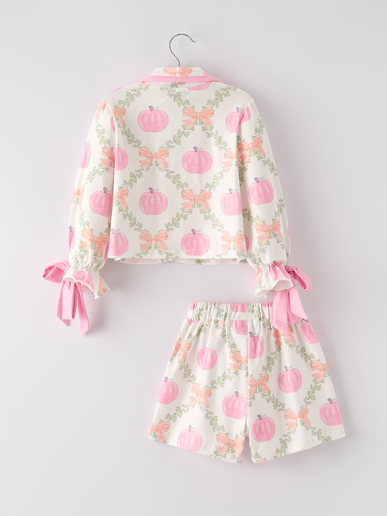 Halloween Pumpkin Floral Print Long Sleeve Top Shorts Girls Pajama Set