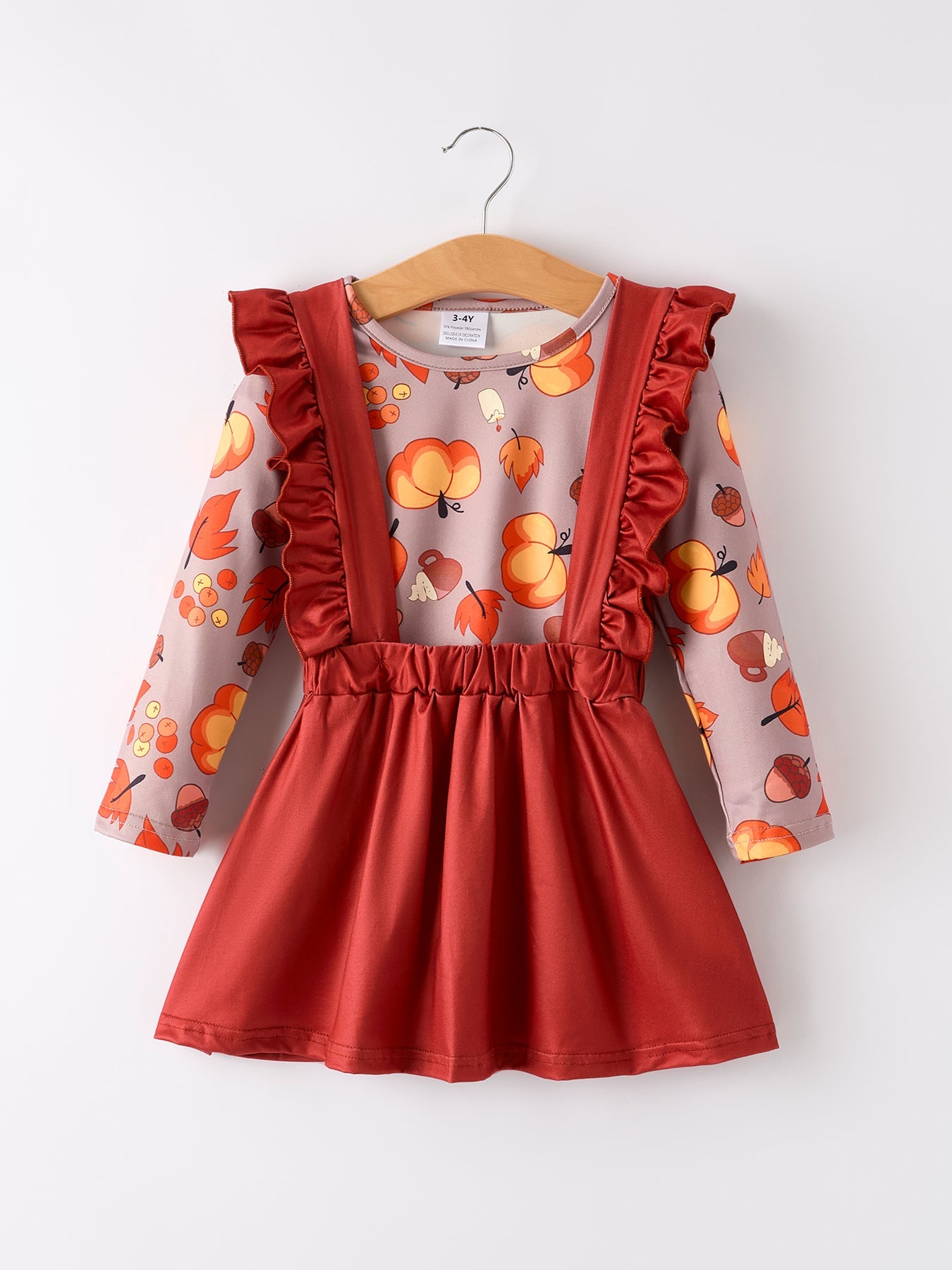 Thanksgiving Pumpkin Print Top + Suspender Dress Girls Set