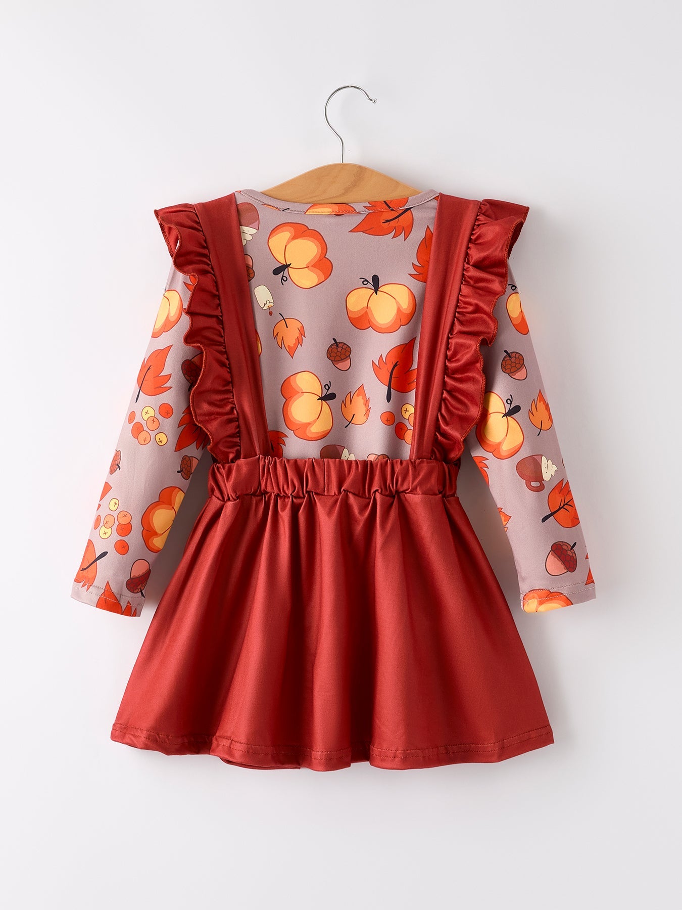 Thanksgiving Pumpkin Print Top + Suspender Dress Girls Set