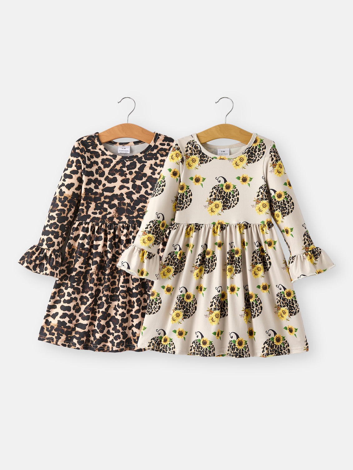 Pumpkin Leopard Print Autumn Girls Ruffle Two-Piece Dress