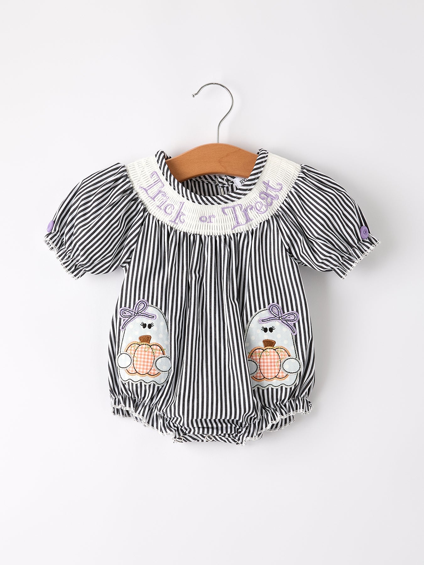 Halloween Striped "Trick Or Treat" Smock Embroidered Baby Girl Romper