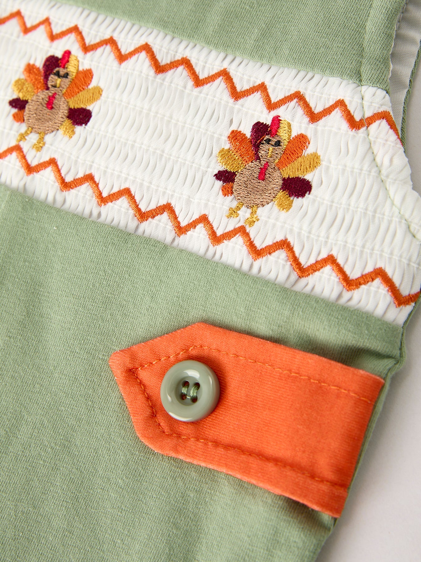 Fall Thanksgiving Smock Embroidered Green Boys Romper