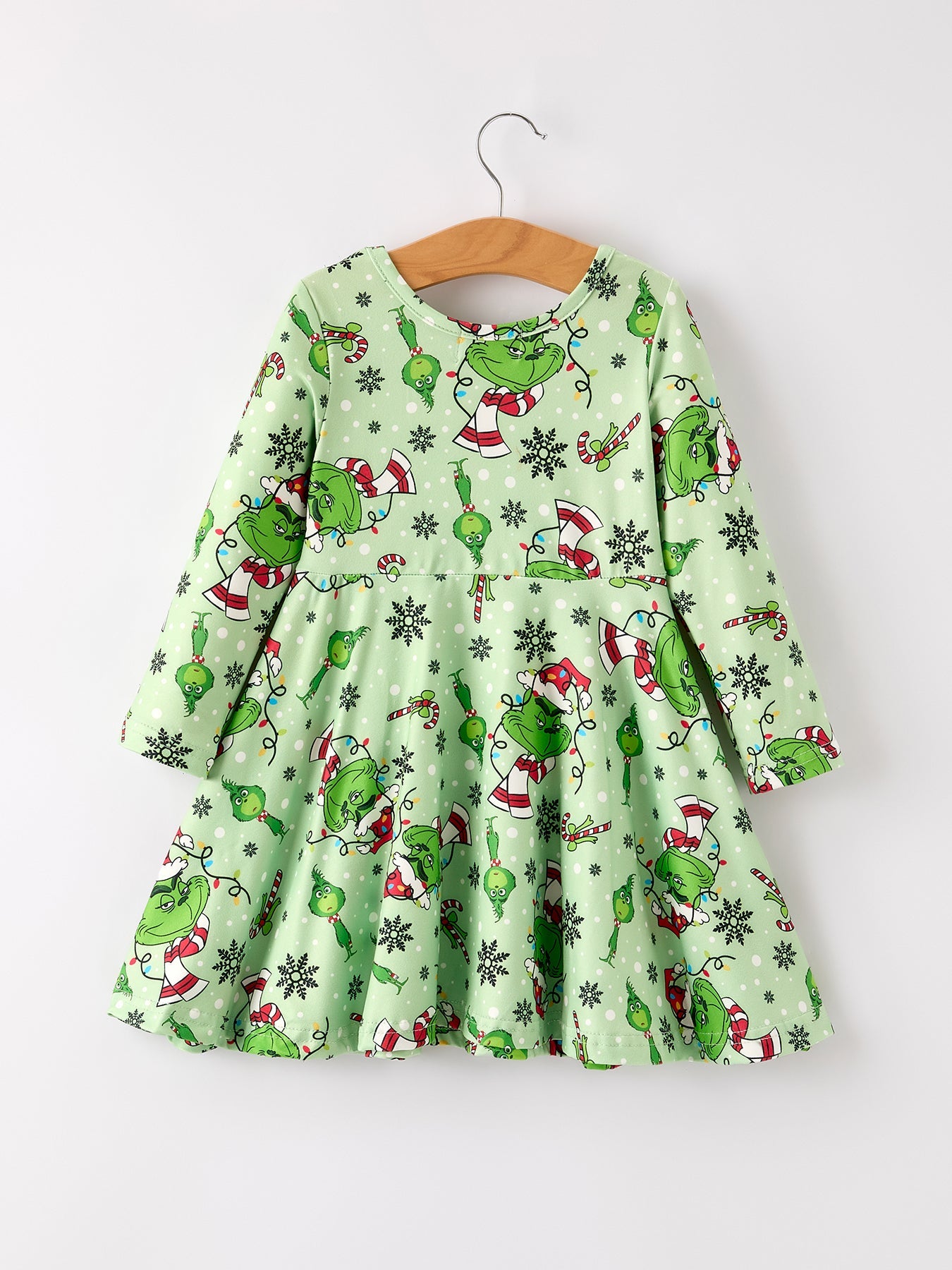 Winter Christmas Character Print Green Girls Dress