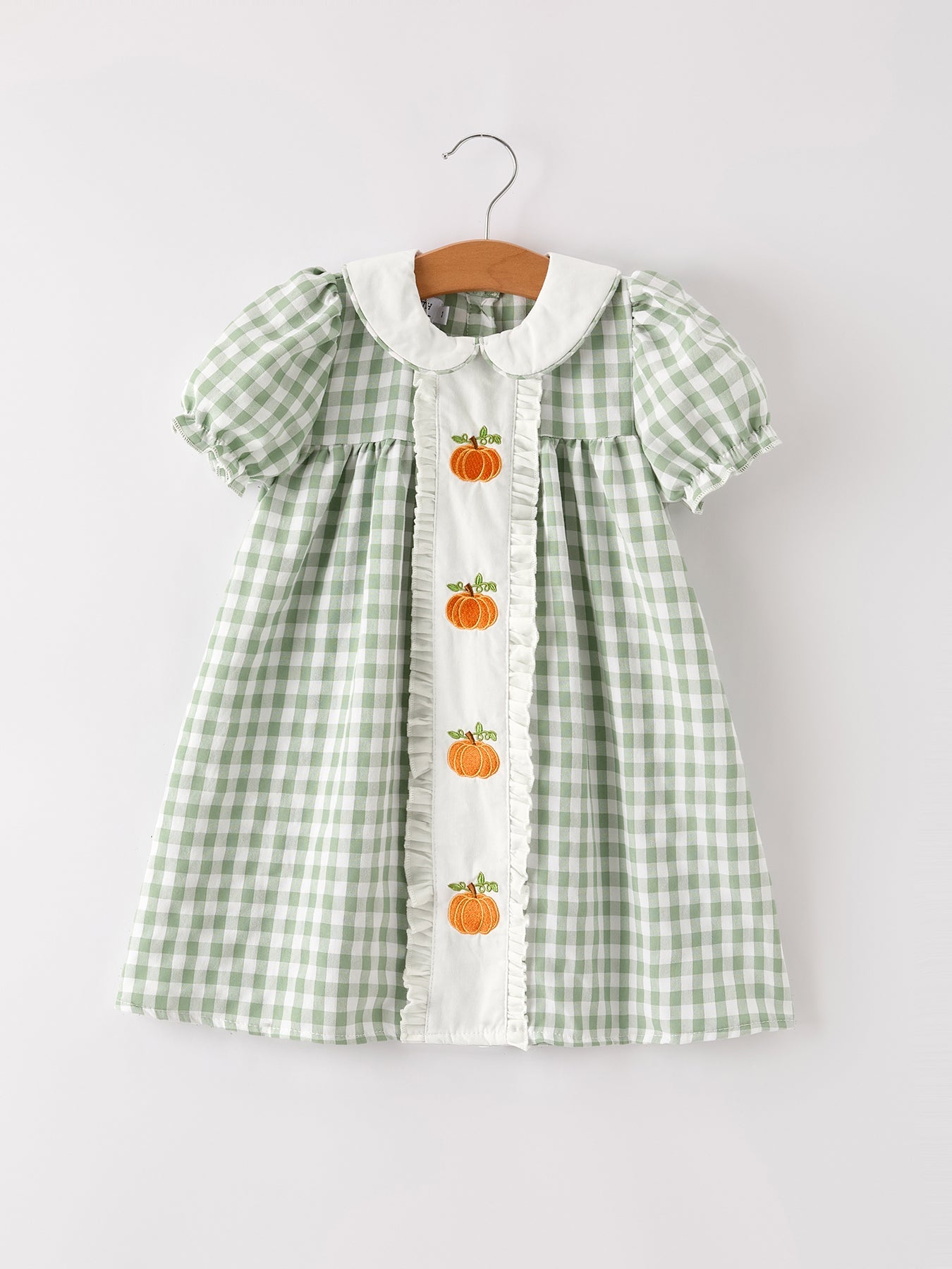 Fall Halloween & Thanksgiving Pumpkin Applique Plaid Green Girls Dress