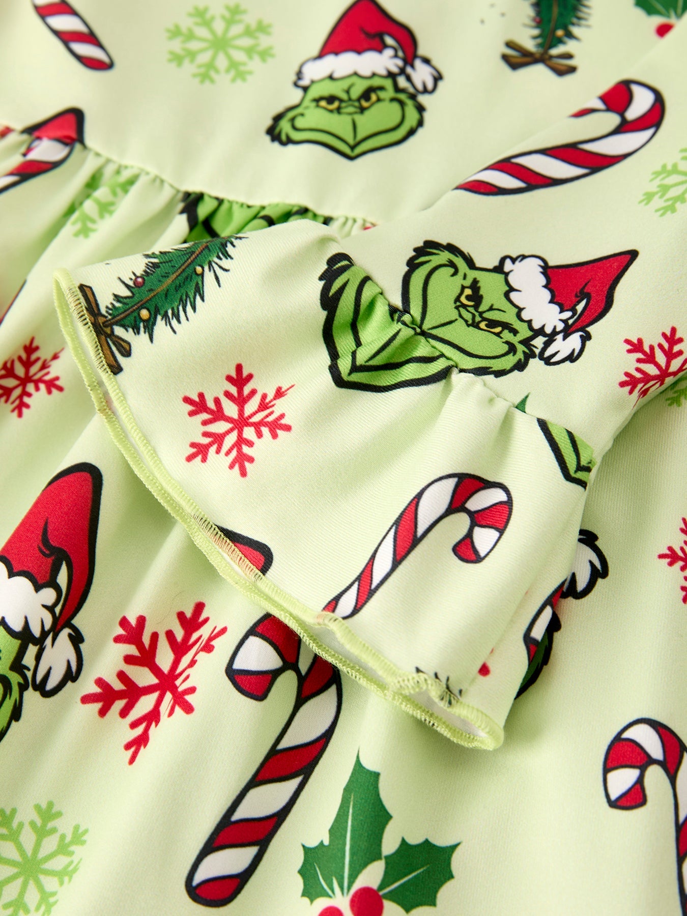 Winter Christmas Candy Cane Character Print Green Girls Dress