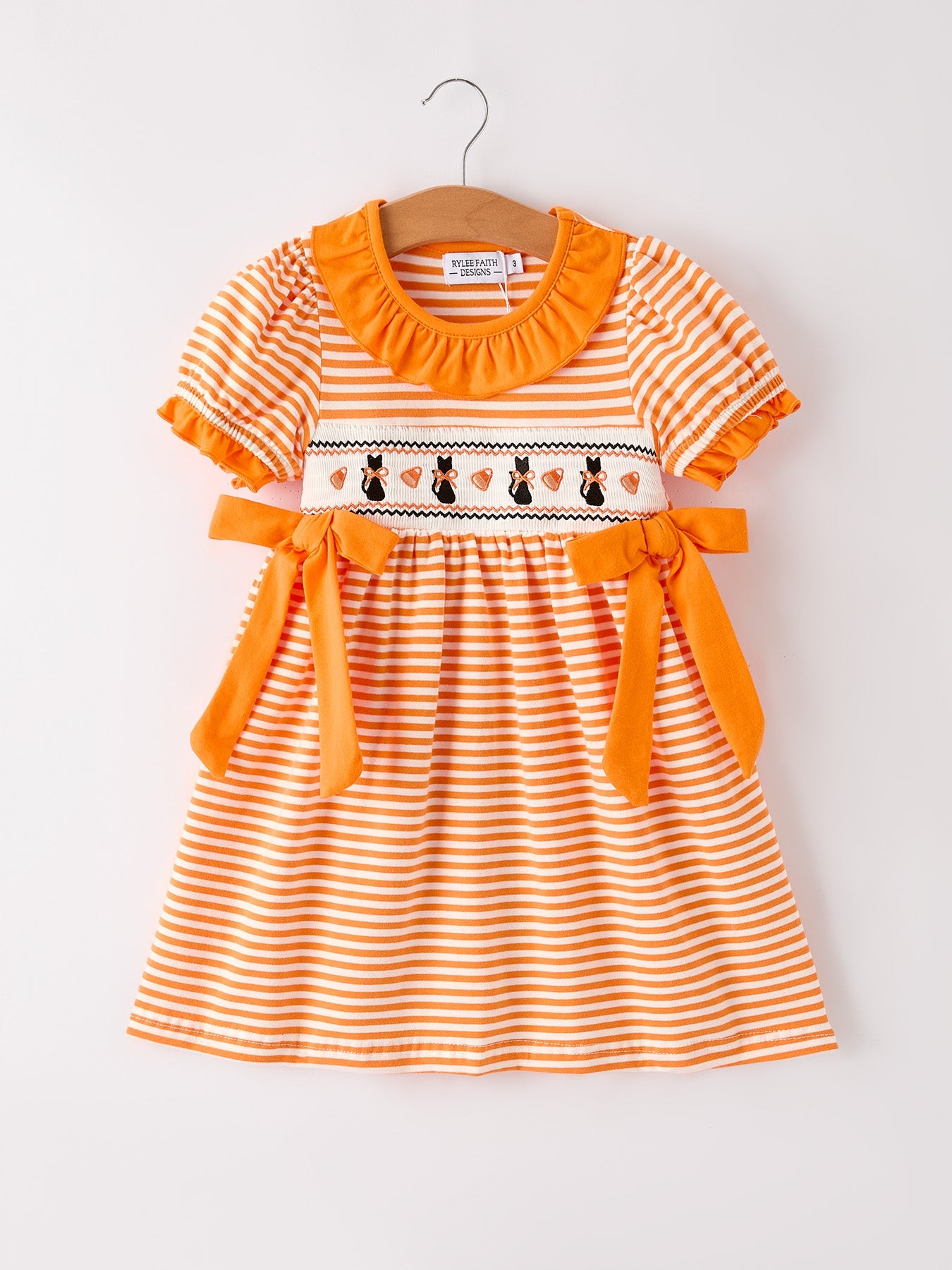 Halloween Striped Dress with Cat Smocking Embroidery – Perfect for Fall