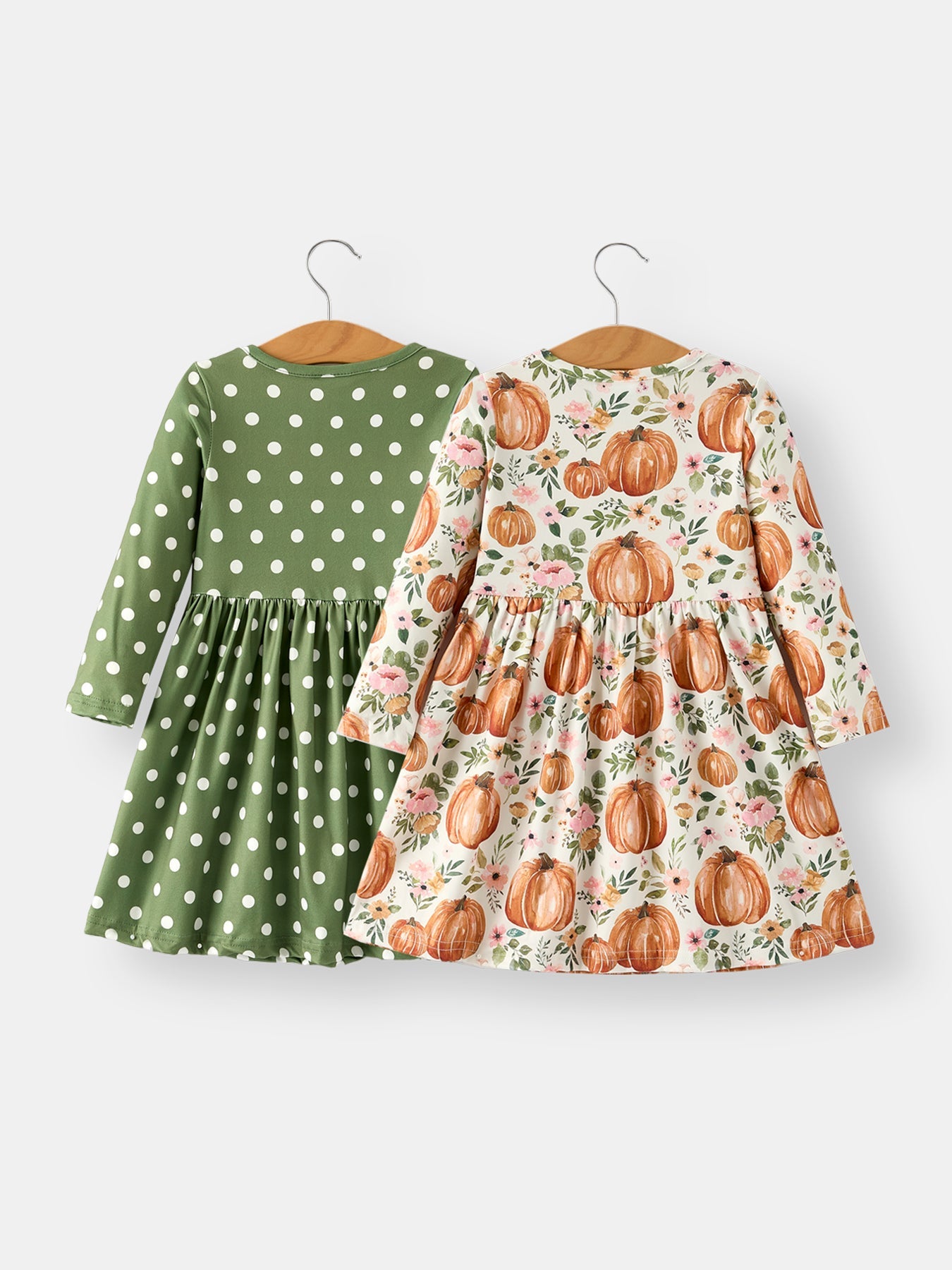 Fall Thanksgiving & Halloween Pumpkin Floral Print Long Sleeve Dress(2pcs)
