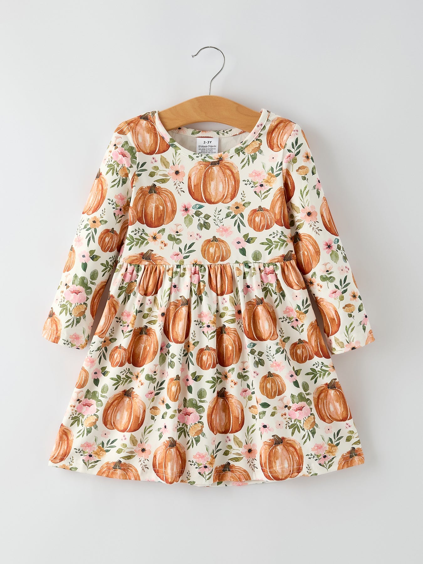 Fall Thanksgiving & Halloween Pumpkin Floral Print Long Sleeve Dress(2pcs)