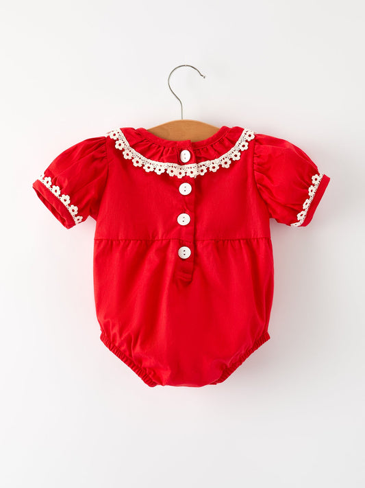 Red Christmas Baby Girls Romper: Cross Embroidery with Lace Trim