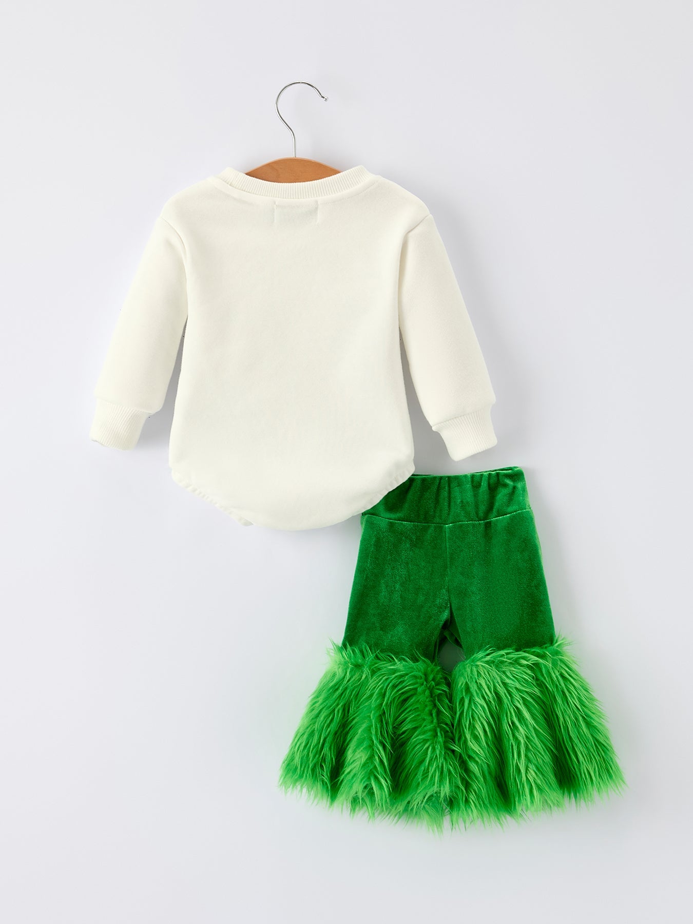 Christmas Bow Print Baby Romper with Green Furry Bell Bottoms