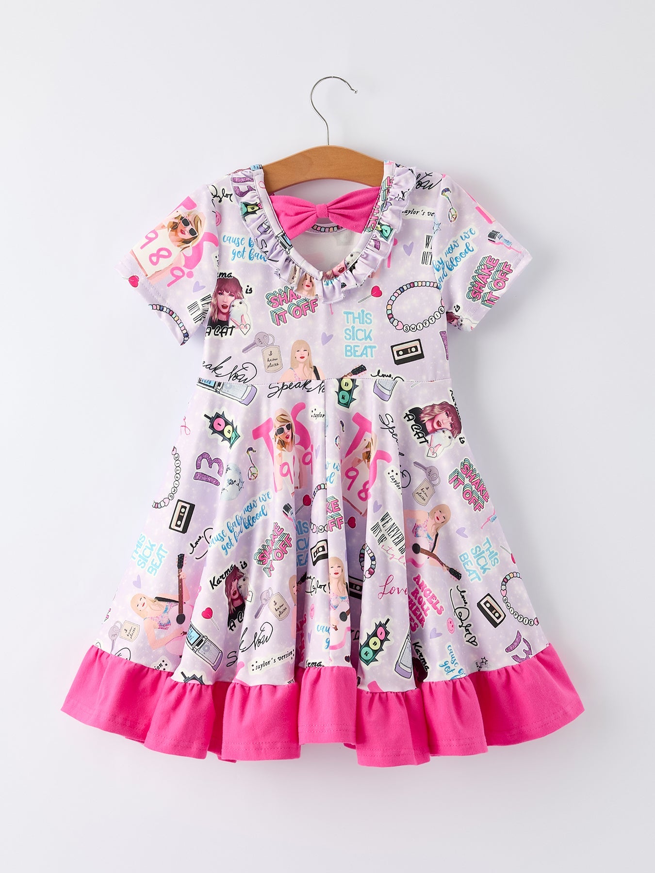Purple TS Print Ruffle Girls' Short Sleeve Dress