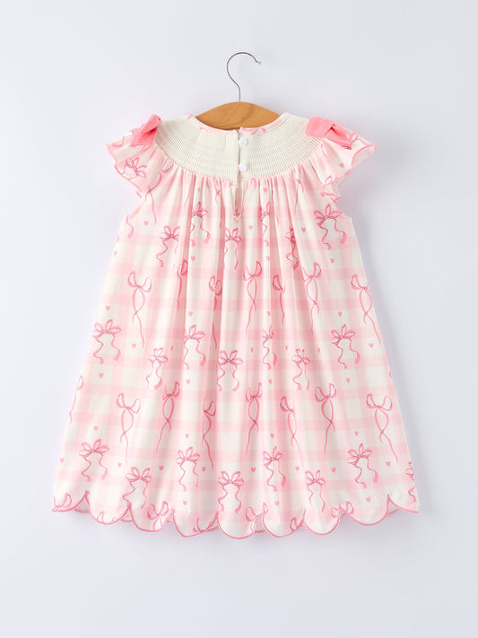 Spring Pink Bow Teddy Smocked Girl Dress
