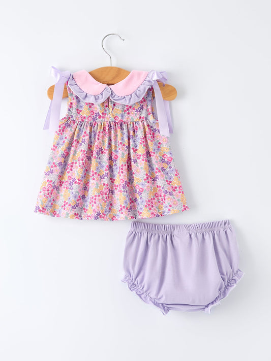Spring Purple Floral Bow Ruffle Girl Bloomer Set
