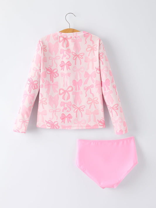 Summer Bow Print Girls Long Sleeve Swim Set