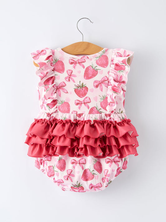 Summer Strawberry Bow Baby Girl Romper