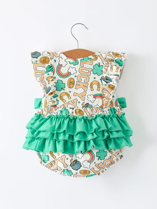 St Patrick's Day Shamrock Bow Baby Girl Romper