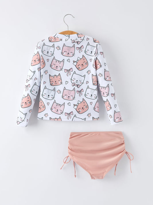 Summer Cat Print Girls Long Sleeve Swim Set