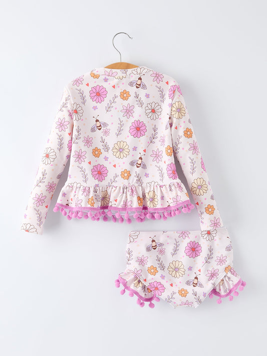 Girls Floral Bee Long Sleeve Ruffle Swimsuit Set