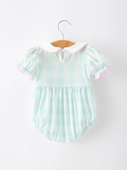 Spring Plaid Bow Girls Romper Smocked Petals Collar Puff Sleeve