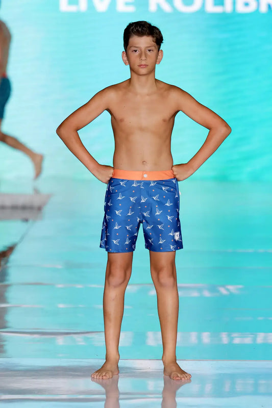 Kids Matching Swim Trunks | Kolibri Monogram in Deep Ocean