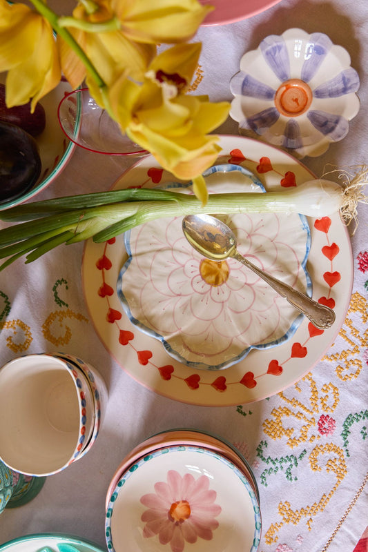 Ceramic Flower Dipping Bowl with Lavender Hand Painted Stripes