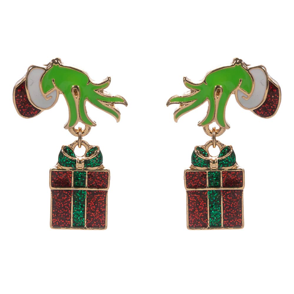 Grinch Green Monster Hand Holiday Gift Box Dangle Earrings