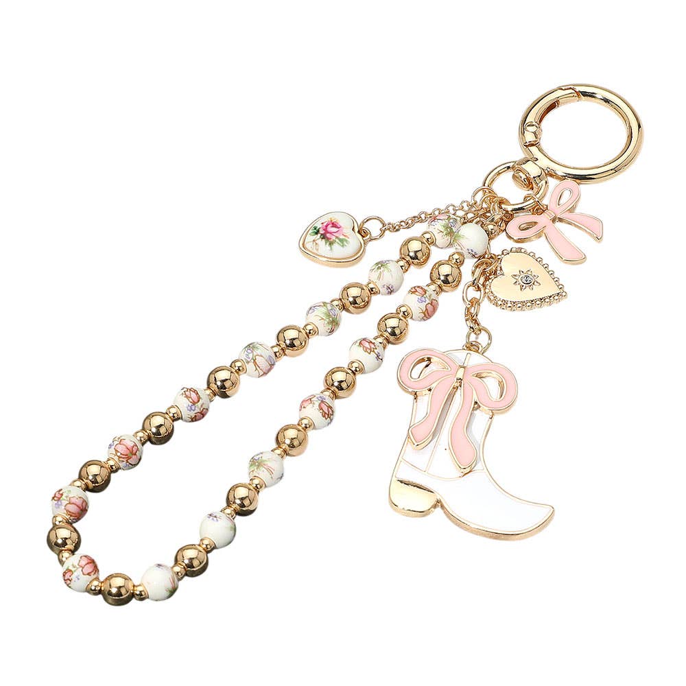 Enamel Bow Cowboy Boot Heart Floral Ceramic Ball Beaded Keychain / Bag Charm