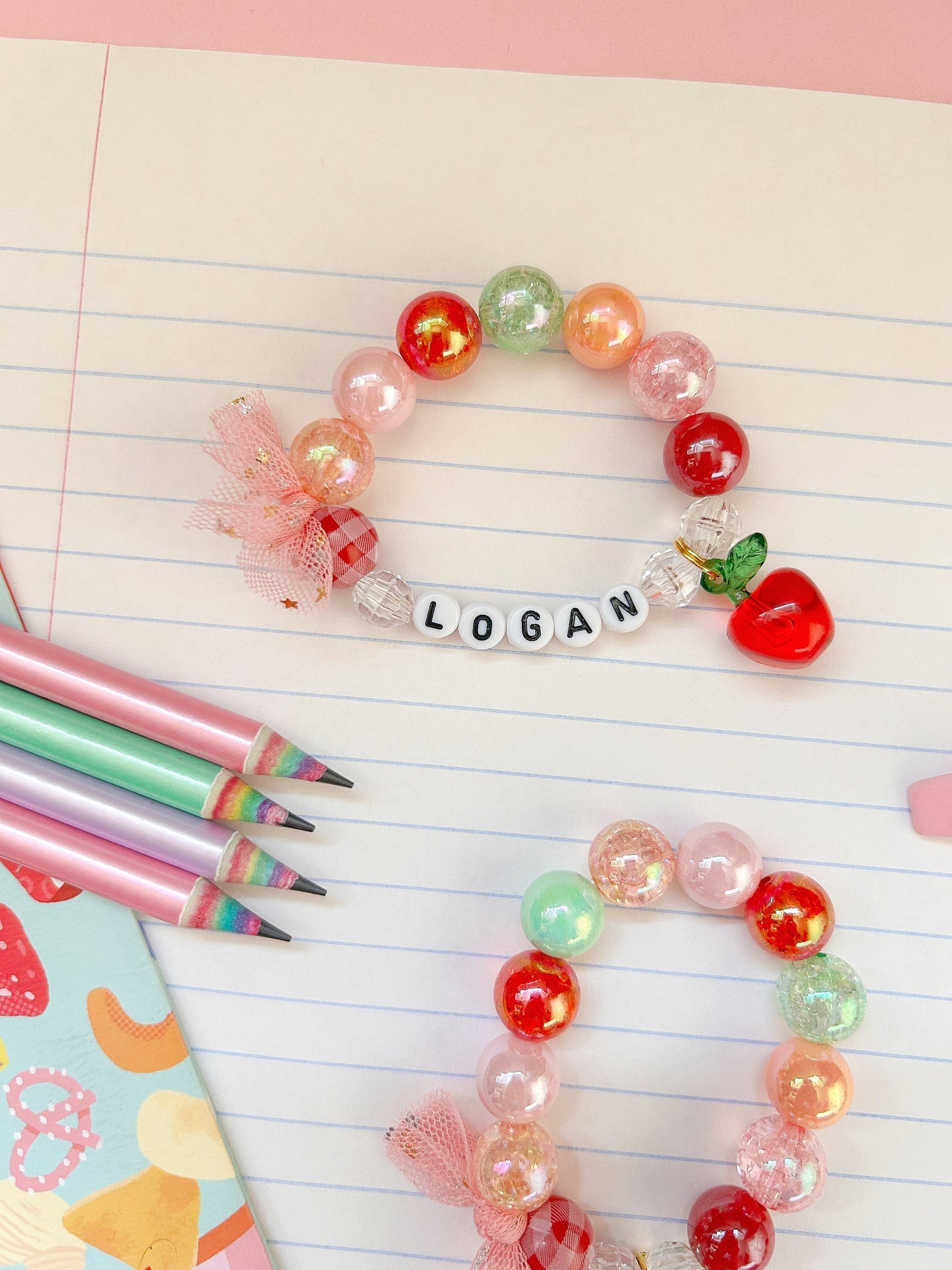 Back to School Acrylic Apple Charm Bracelet Personalized