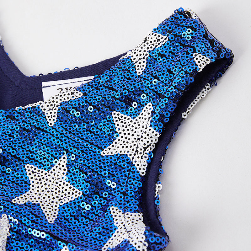 Girls 4th Of July Blue Star Sequins Red Tulle Dress