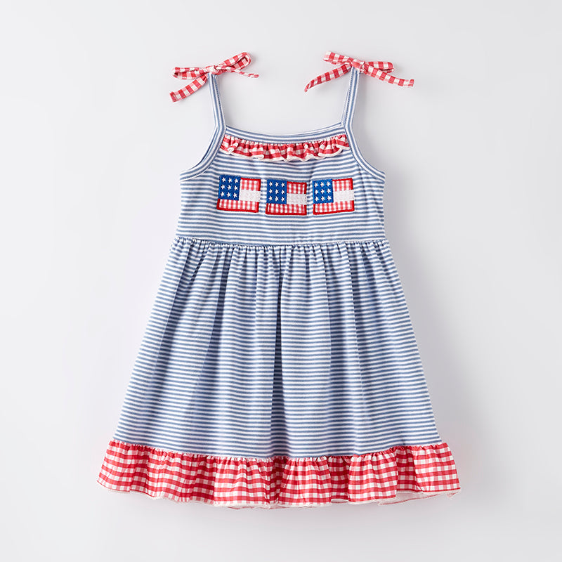 Girls 4th Of July Blue Stripes Flag Embroidered Slip Dress
