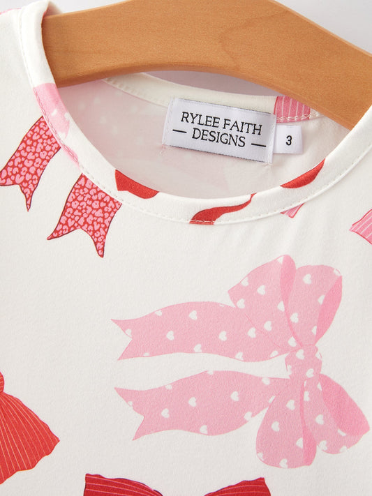 Spring and Summer Girls' Pink Bow Print Dress